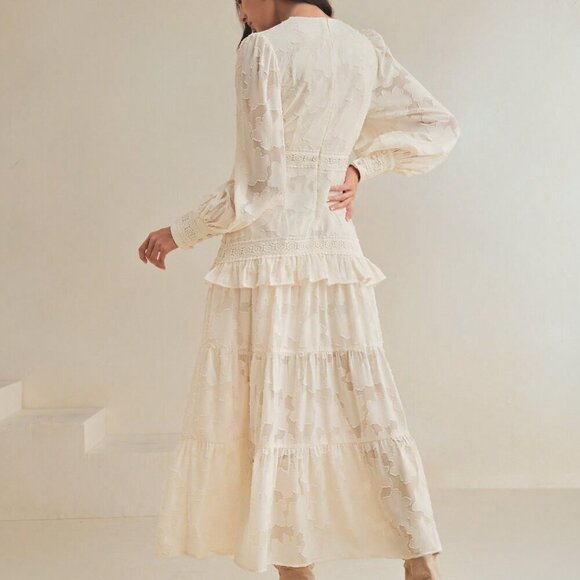 Apricot Elegant Women's V-Neck Puff Sleeve Cinched Waist Dress Maxi Outfit - Picture 3 of 8